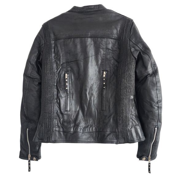 Derringer Black Genuine Leather Moto Jacket Zip Up Silver Hardware Size Medium - Picture 3 of 6